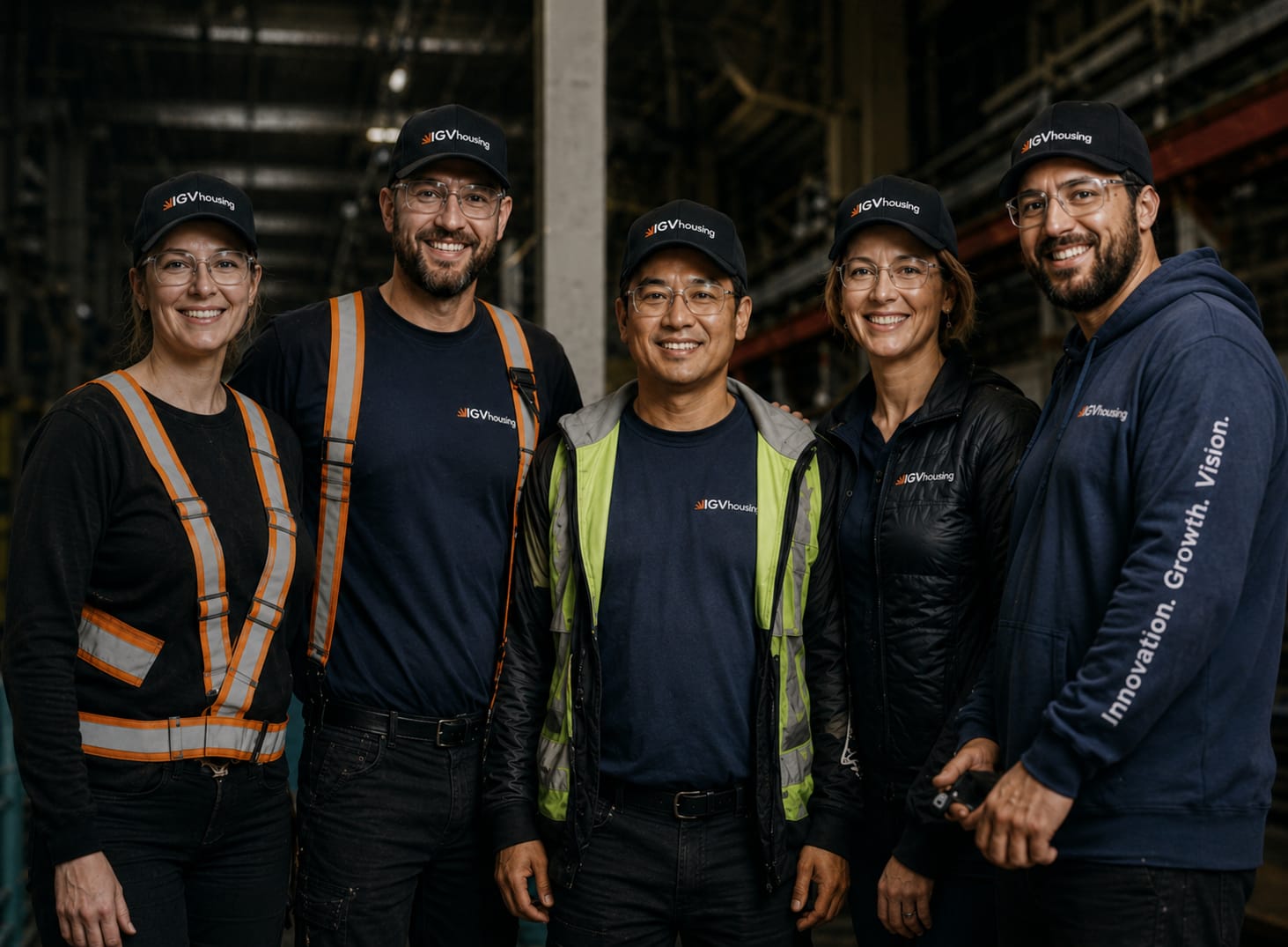 Five IGVhousing team members smiling together on the manufacturing floor
